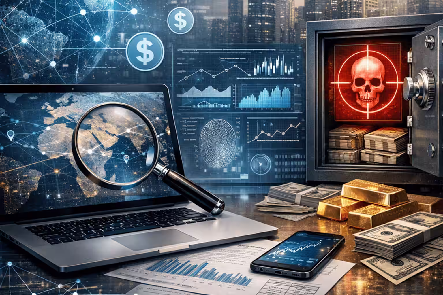 A confidential case file labeled “Asset Tracing & Recovery” on a desk, surrounded by financial documents, a laptop displaying transaction data, and a magnifying glass symbolizing investigation.