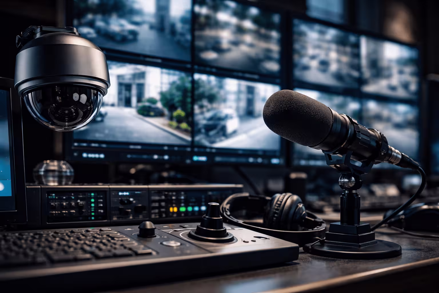 Audio & video surveillance setup with monitors and confidential case files on a desk.