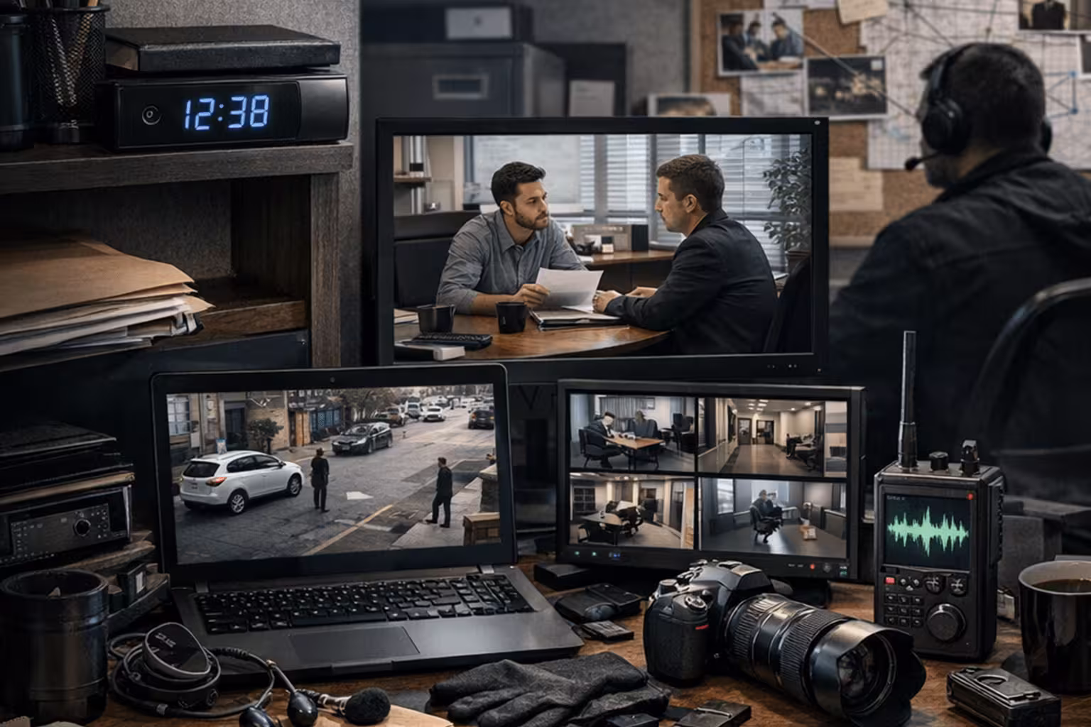 A dimly lit workspace showing a covert surveillance setup with multiple monitors displaying live camera feeds, scattered confidential case files, and investigative equipment arranged discreetly on a desk.