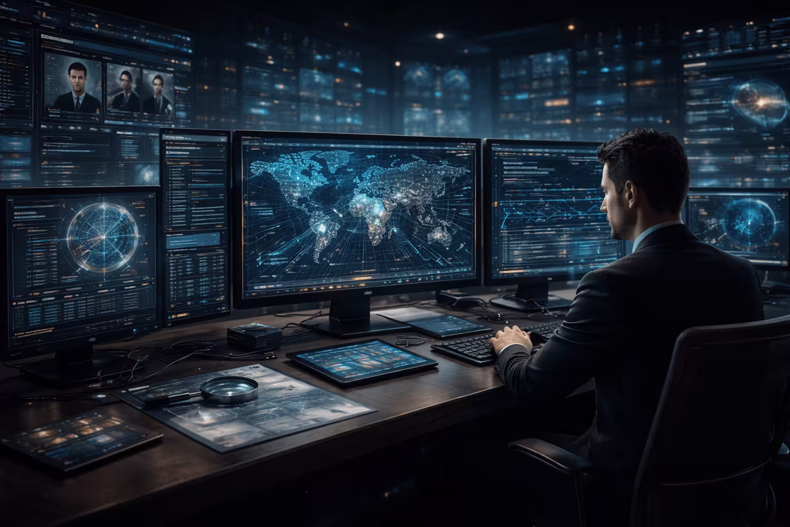 Digital interface displaying cyber crime tracking dashboard with encrypted confidential case files, data streams, and security icons on a dark background