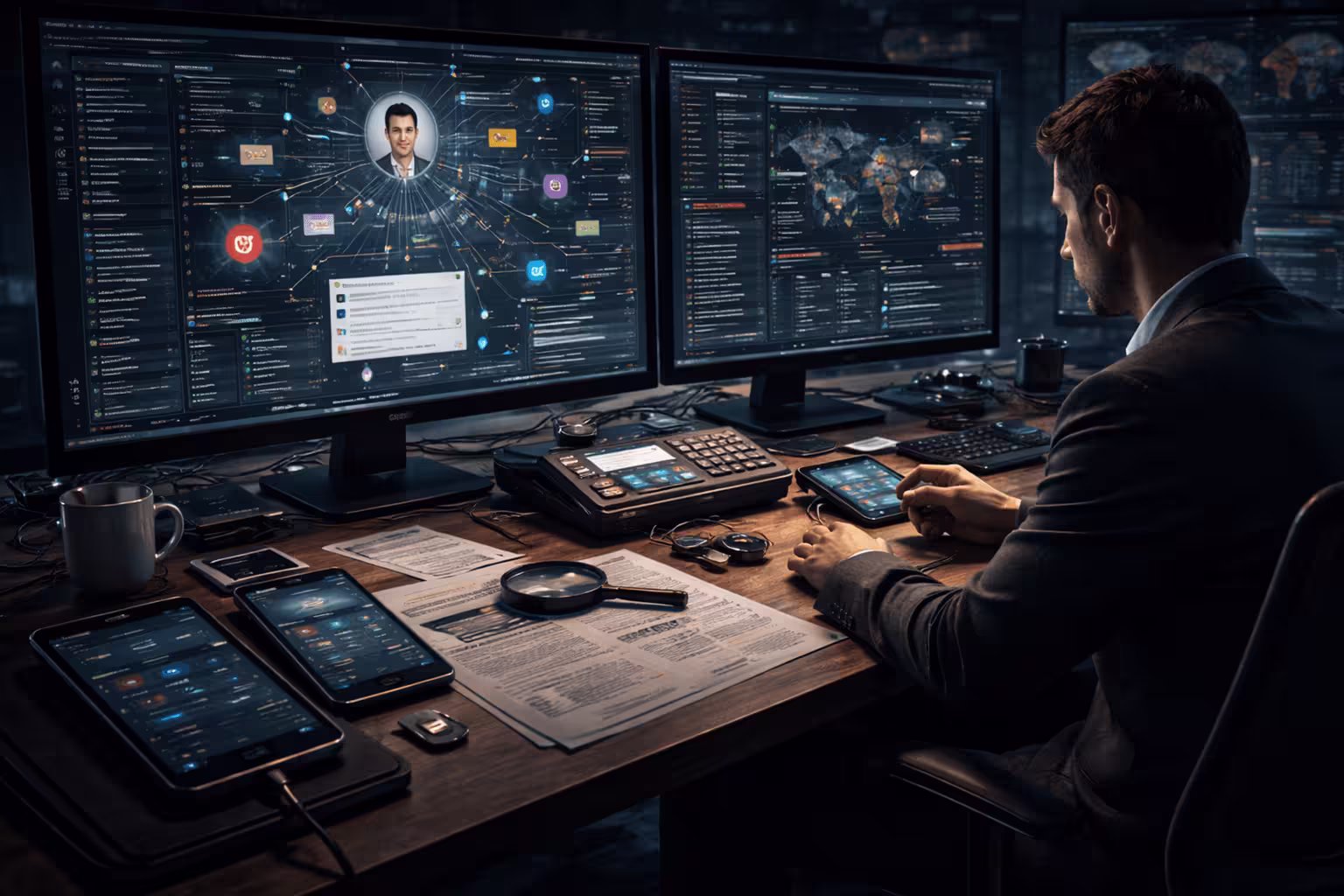 A cybersecurity analyst examining digital evidence on multiple screens, including encrypted files, IP logs, and social media traces, representing a confidential digital footprint investigation.