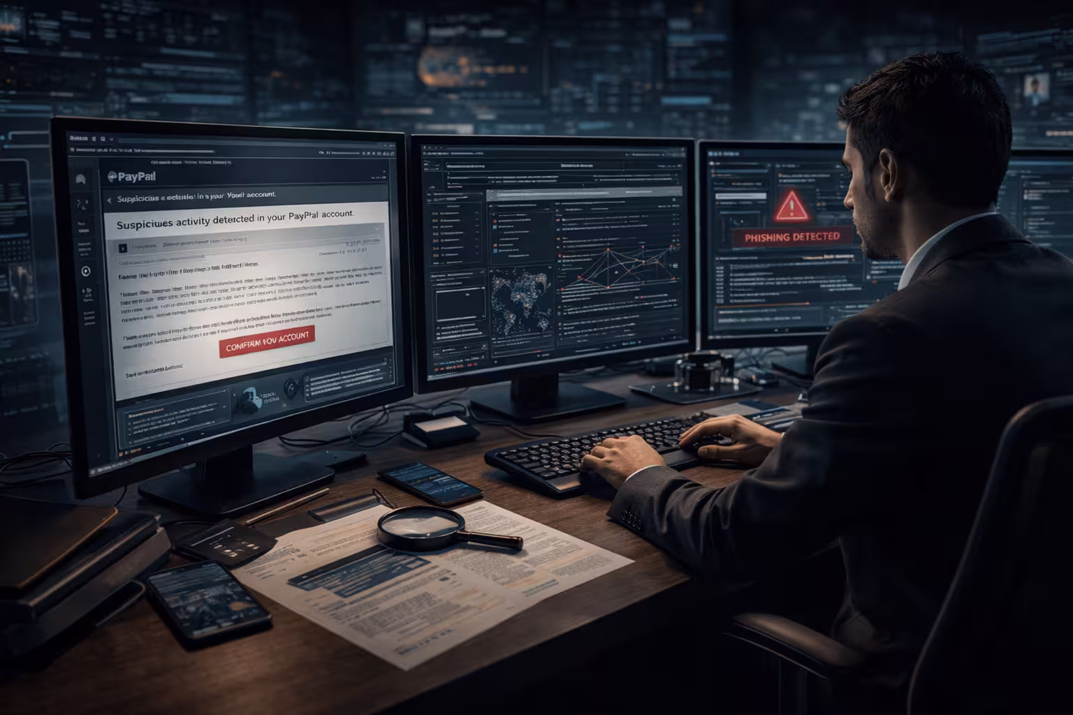 A digital investigator analyzing suspicious emails on a computer screen, with highlighted phishing indicators, warning icons, and confidential case files spread across a desk in a dimly lit office.