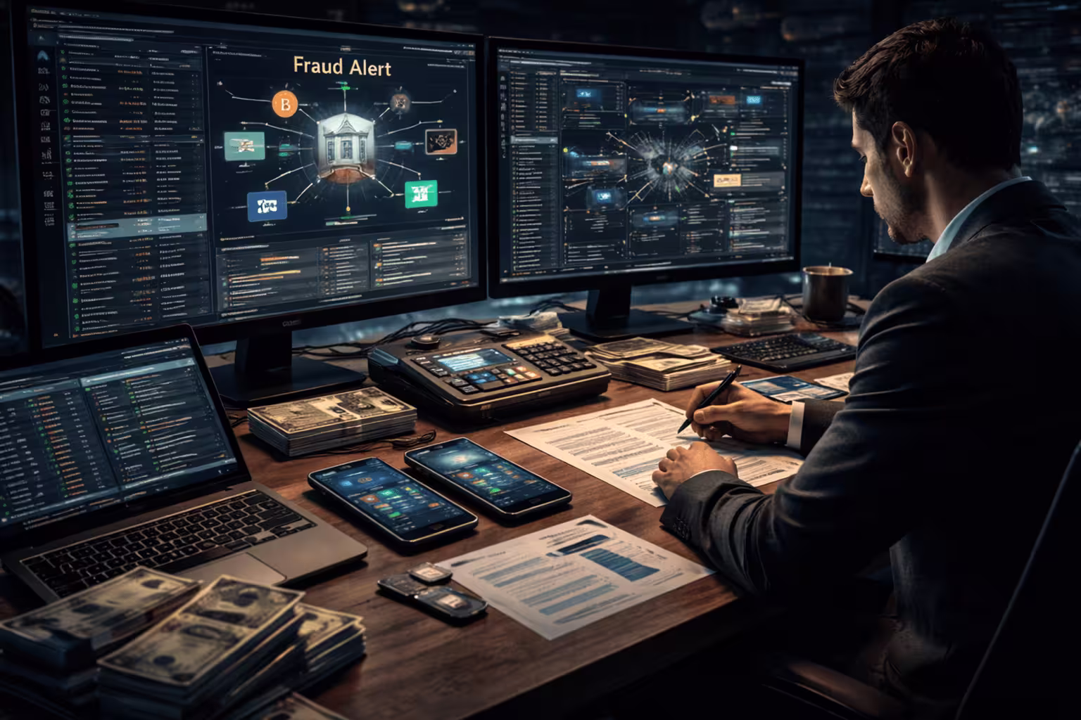 A cybersecurity investigator analyzing financial fraud data on multiple screens while reviewing confidential case files in a secure office environment.