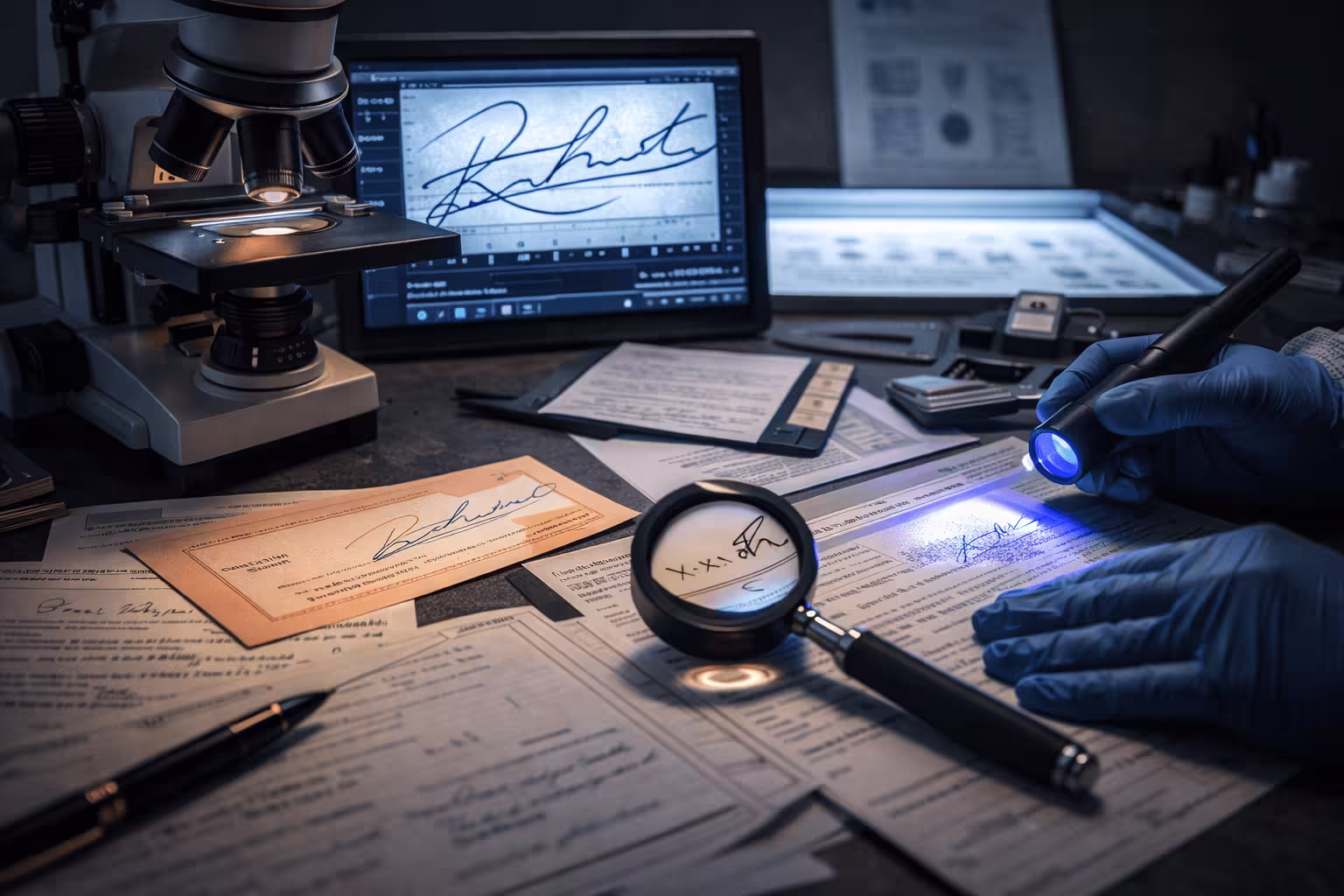 Forensic document analysis setup with confidential case files and investigative tools on a desk.