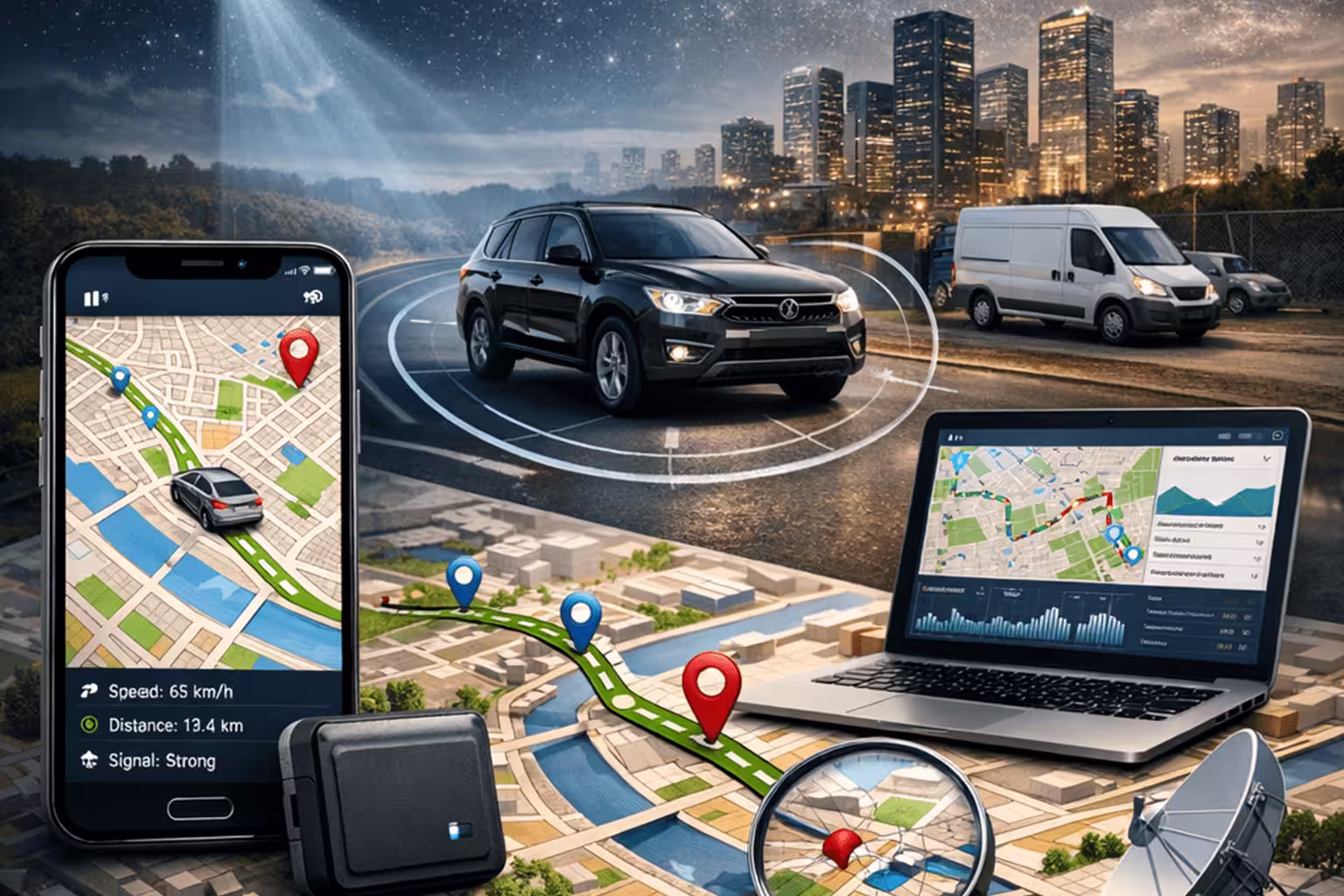 GPS tracking and vehicle monitoring screens with confidential case files on a desk.