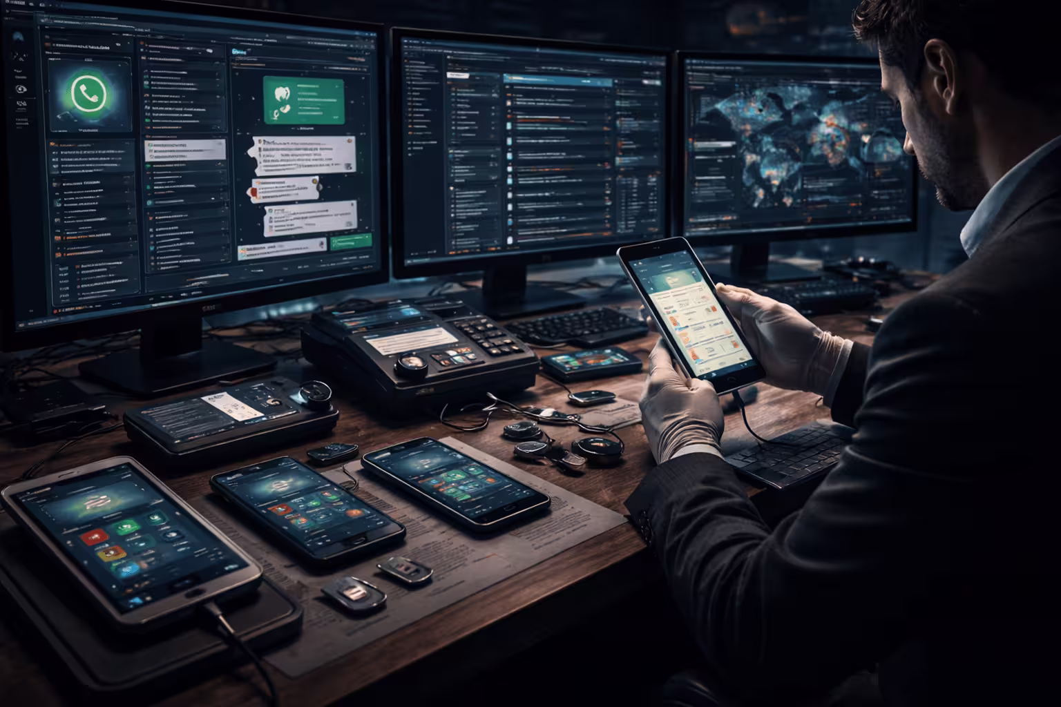 Investigator analyzing confidential mobile phone data on a digital interface, examining cyber crime evidence with encrypted files and forensic tools.