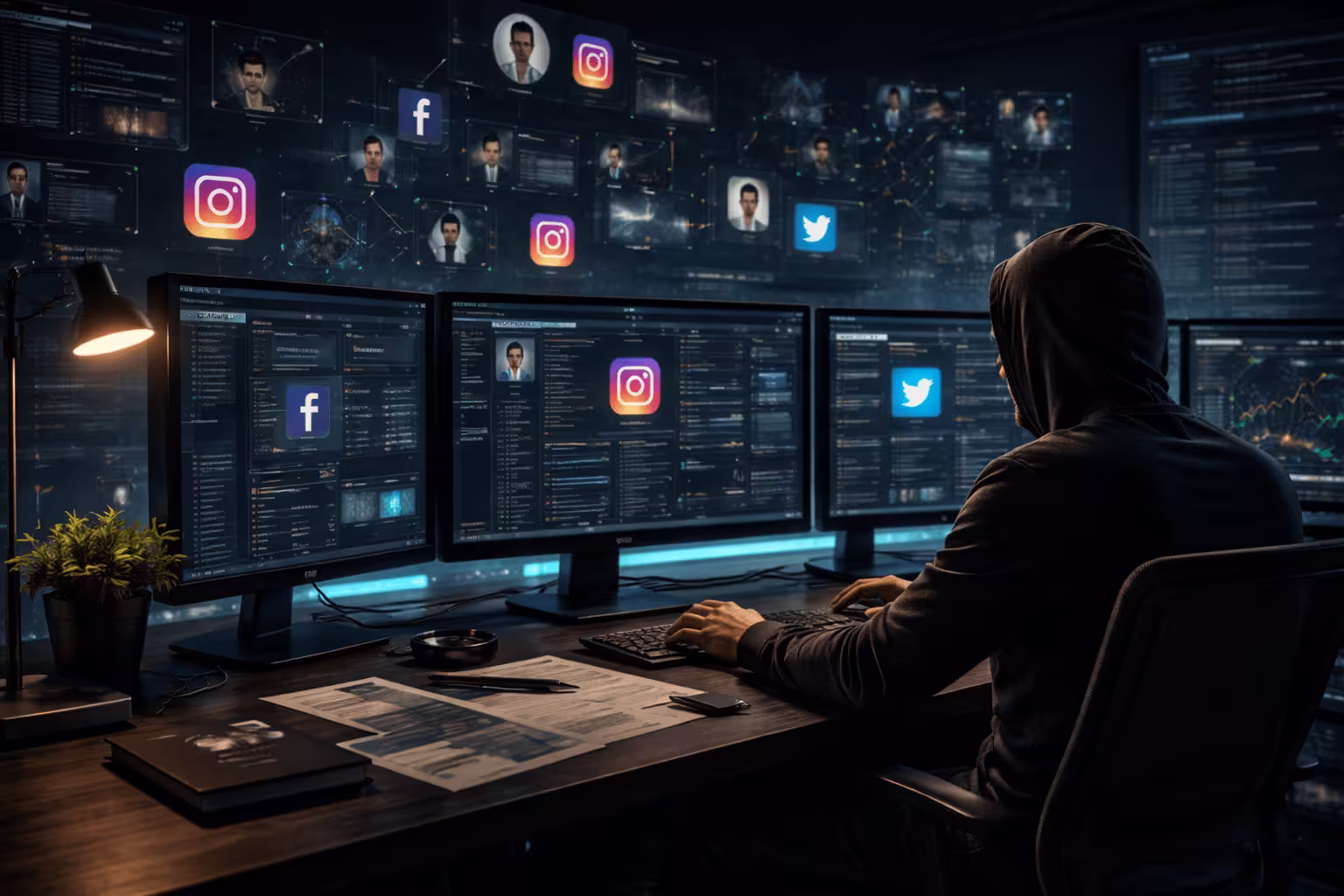Cybercrime investigator analyzing social media evidence on multiple screens with blurred confidential case files in a secure digital lab.