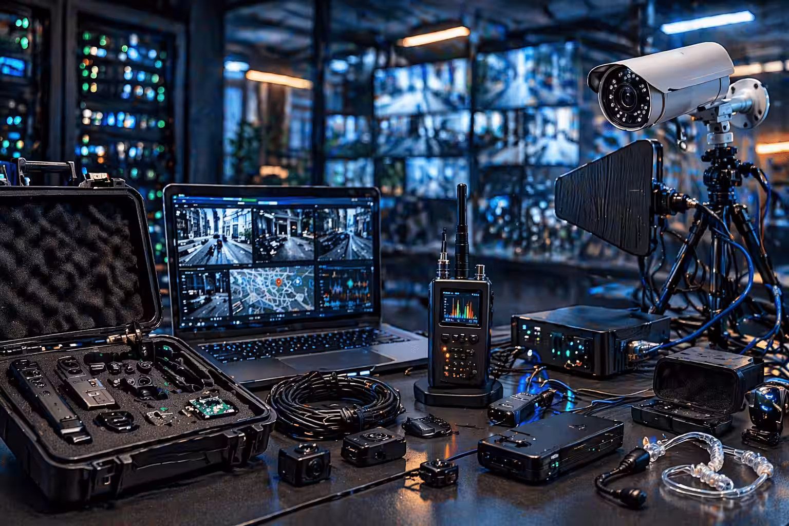 Technical surveillance equipment set up on a desk with confidential case files and monitoring screens.