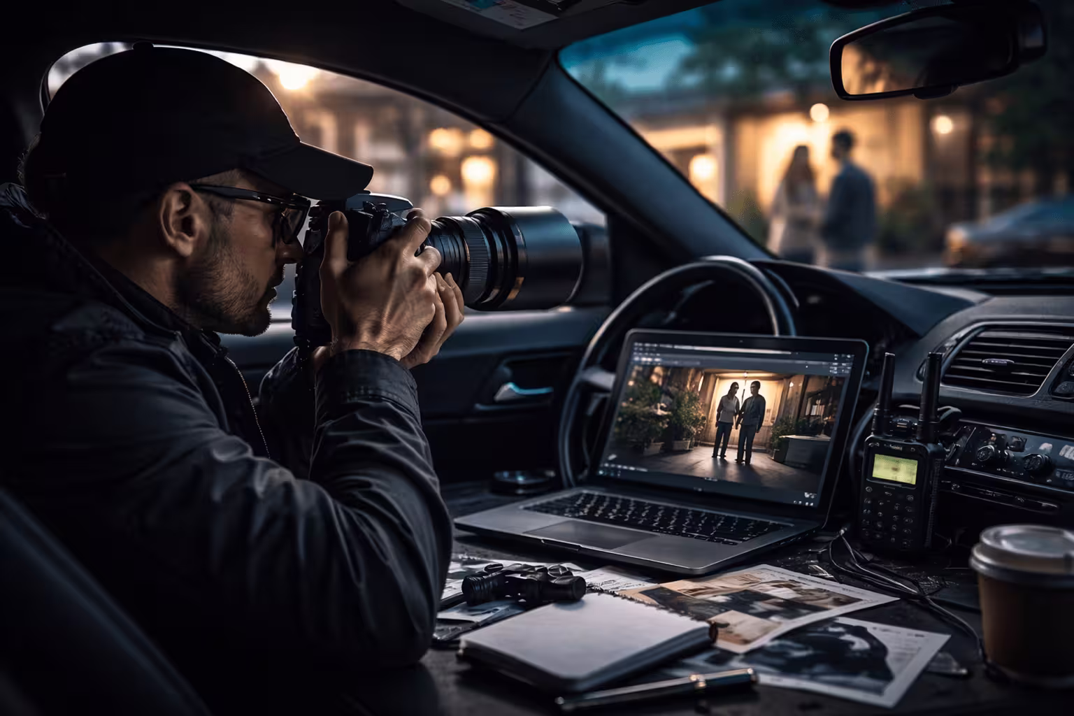 Undercover investigation setup with hidden surveillance tools and confidential case files