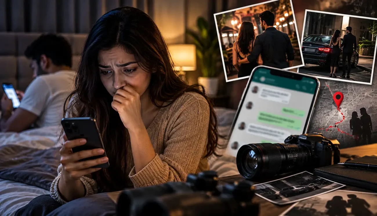 Worried husband or wife looking at a phone late at night, a common sign of a cheating spouse