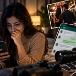 Worried husband or wife looking at a phone late at night, a common sign of a cheating spouse