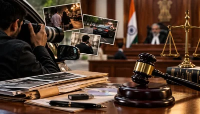Lawyer reviewing private detective evidence before an Indian court hearing